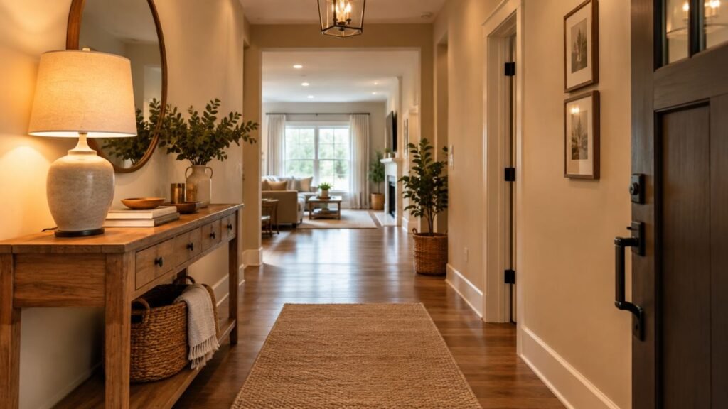 Welcoming hallway decor with warm lighting and natural textures