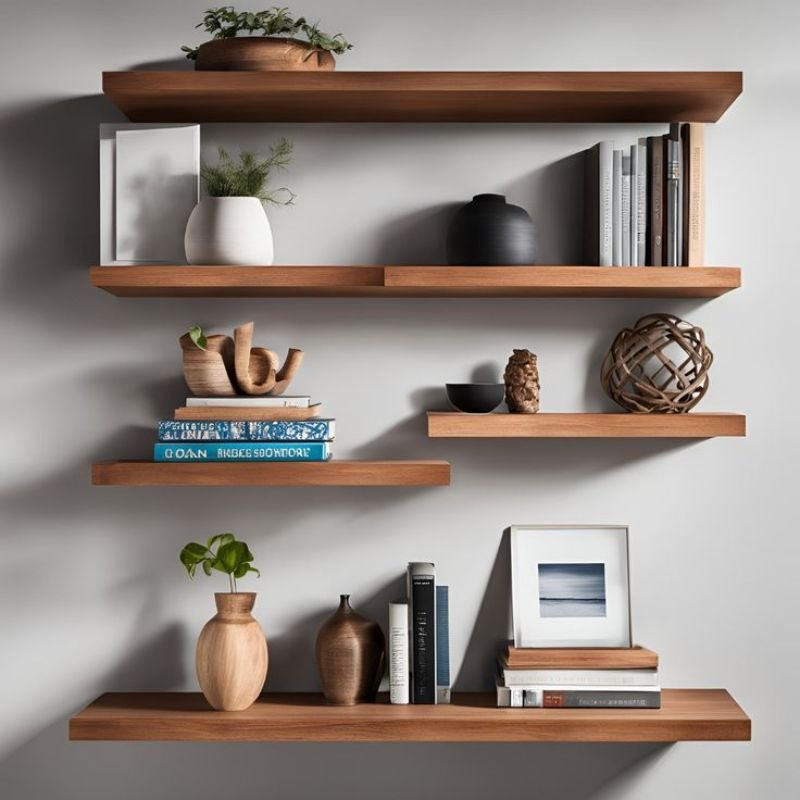 Modern floating shelves mounted on a living room wall