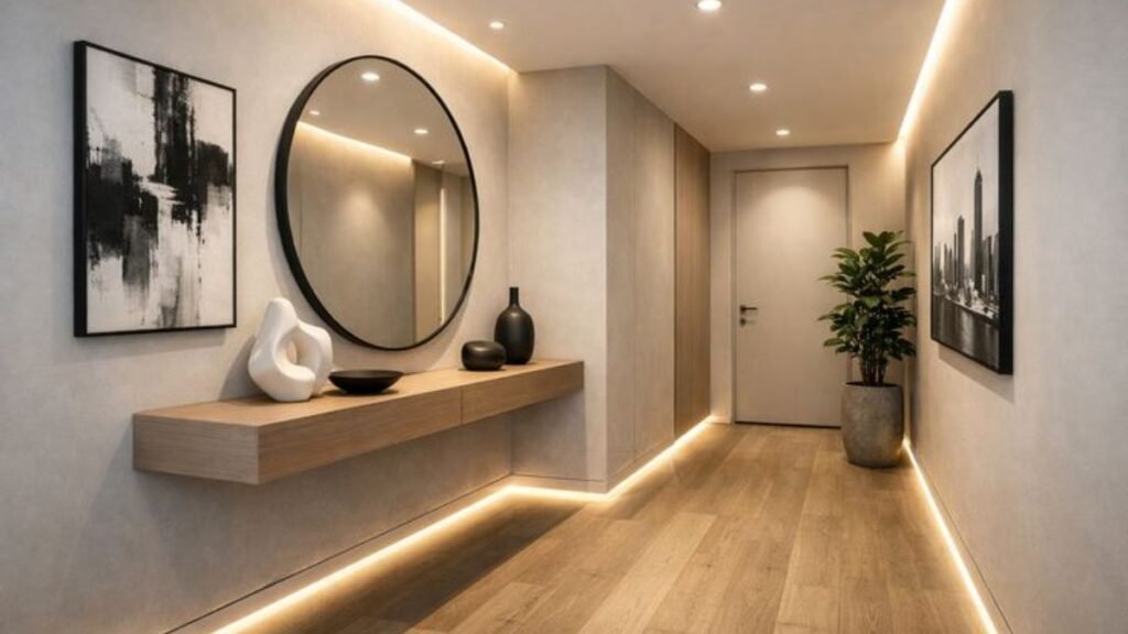 Welcoming home entrance with warm lighting and indoor plants