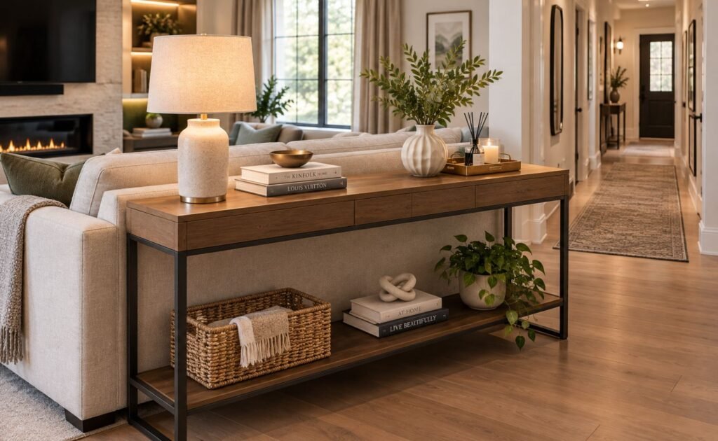 Console table behind a sofa in a living room