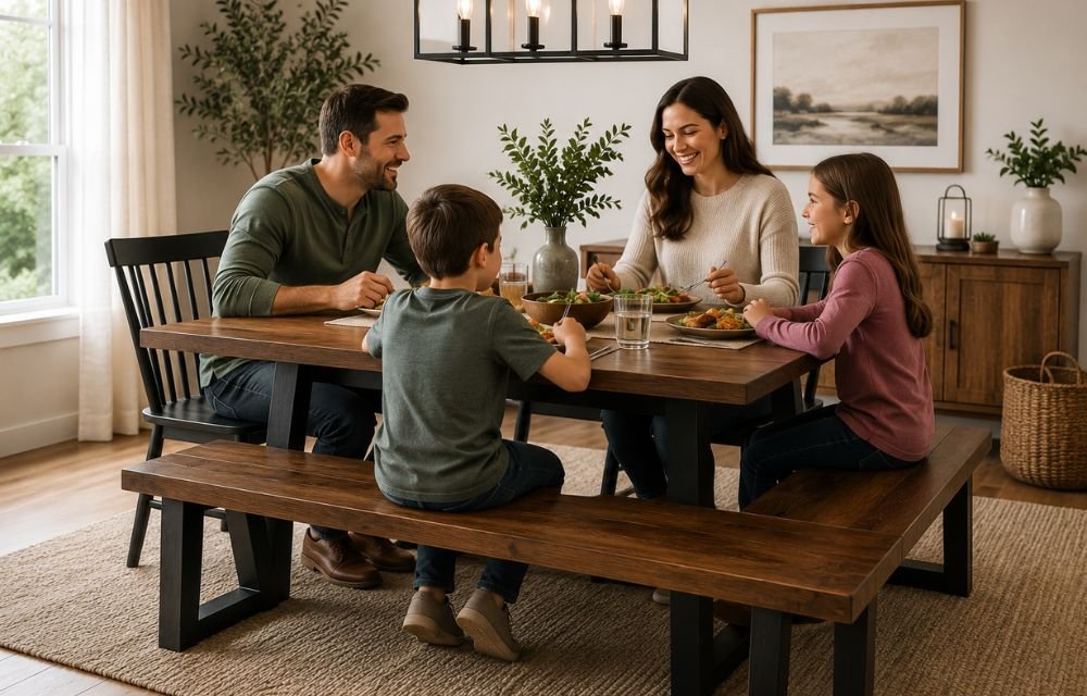 Family Using a Dining Room Bench for Everyday Meals