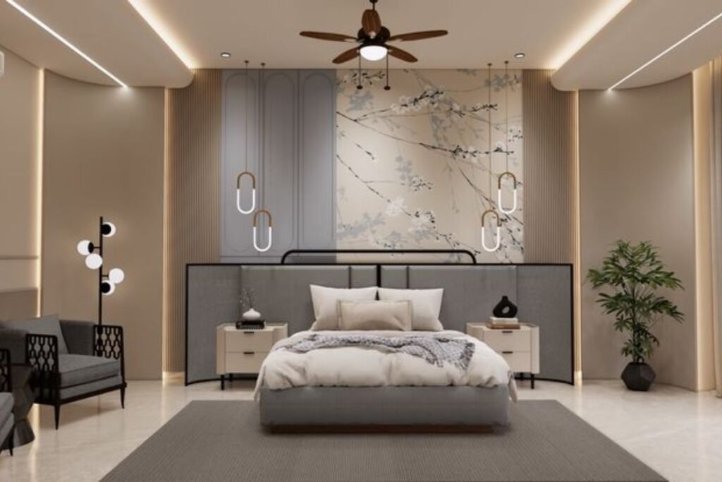 Relaxing bedroom with neutral colors and cozy bedding