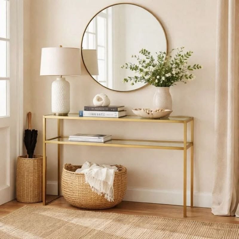 Modern entryway with wooden table and mirror