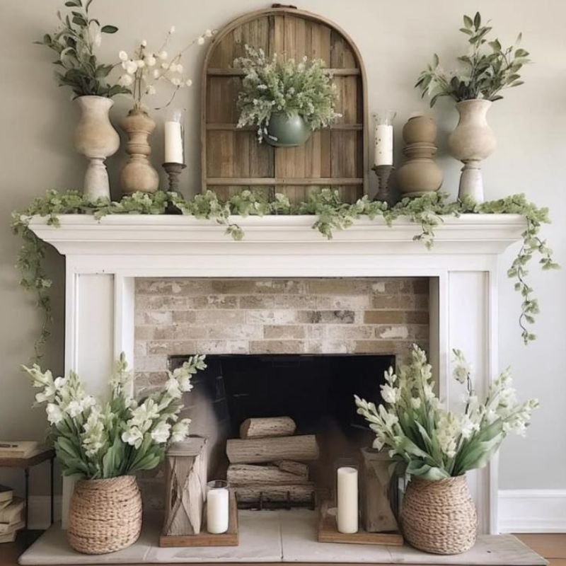 Wooden mantel decorated with candles and framed artwork