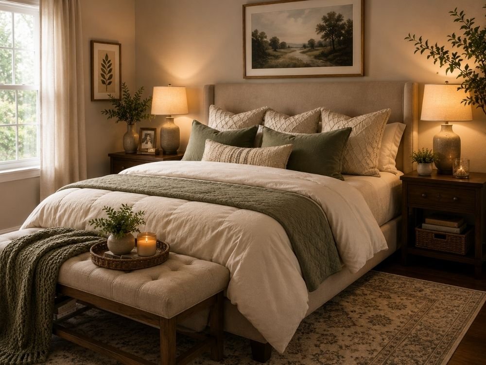 bedroom accessories and layered bedding