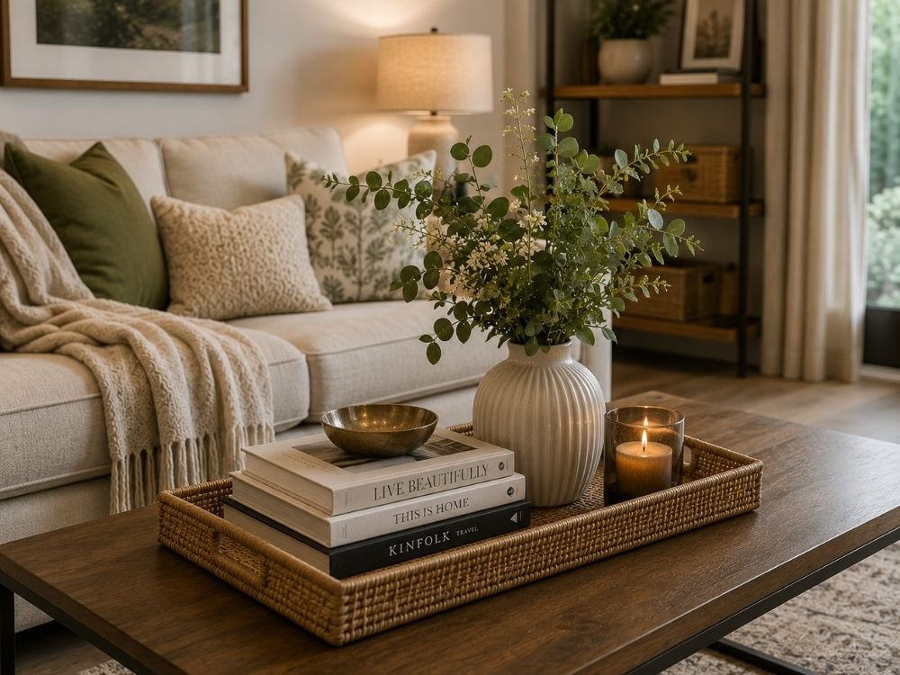 coffee table styled with home accessories