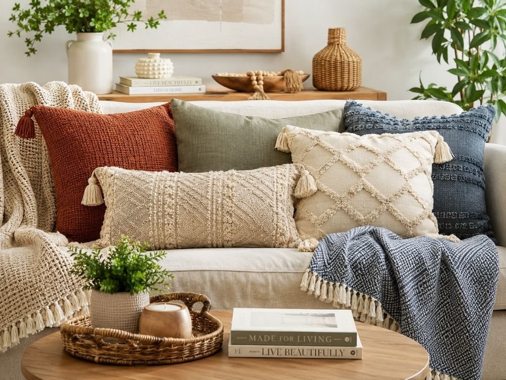 textured cushions and soft throw blanket
