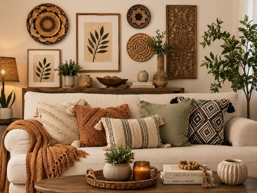 framed artwork mirror and floating shelf