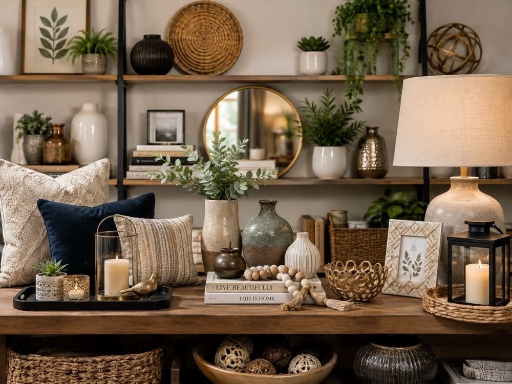 cushions vase rug mirror and storage basket